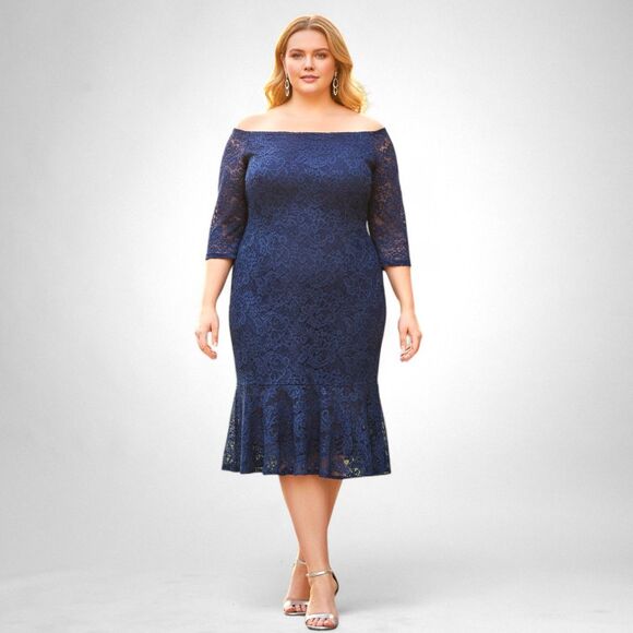 ALEX EVENINGS Scallop Detail Lace Navy Curvy Dress, NEW! Size 20W - Picture 1 of 9